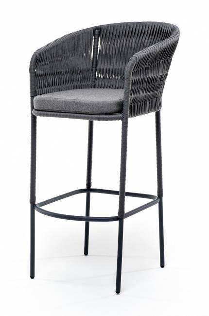 "Бордо" стул барный плетеный из роупа (колос), каркас из стали серый (RAL7022), роуп серый 15мм, ткань серая