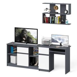 Тумба для техники МТВ1204.1 с компьютерным столом Мори МС-1 левым и полкой навесной цвет графит/белый