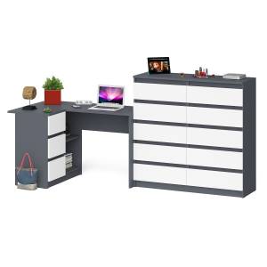 Компьютерный стол угловой МС-16 с тумбой слева с высоким комодом 10-ть ящиков Мори цвет графит/белый