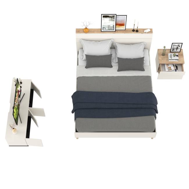 Прикроватная тумба Муссон с кроватью 11.41 с основанием 1600 и TV-тумбой 13.276 цвет белый/чёрный/дуб эндгрейн элегантный