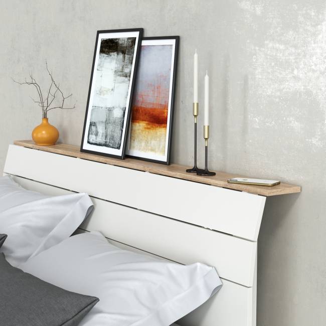 Прикроватная тумба Муссон с кроватью 11.41 с основанием 1600 и TV-тумбой 13.276 цвет белый/чёрный/дуб эндгрейн элегантный