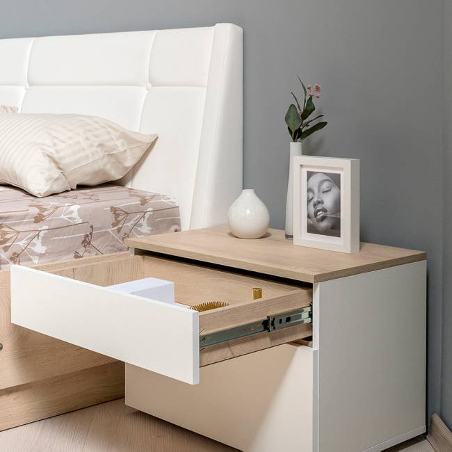 Прикроватная тумба Муссон с кроватью 11.41 с основанием 1600 и TV-тумбой 13.276 цвет белый/чёрный/дуб эндгрейн элегантный