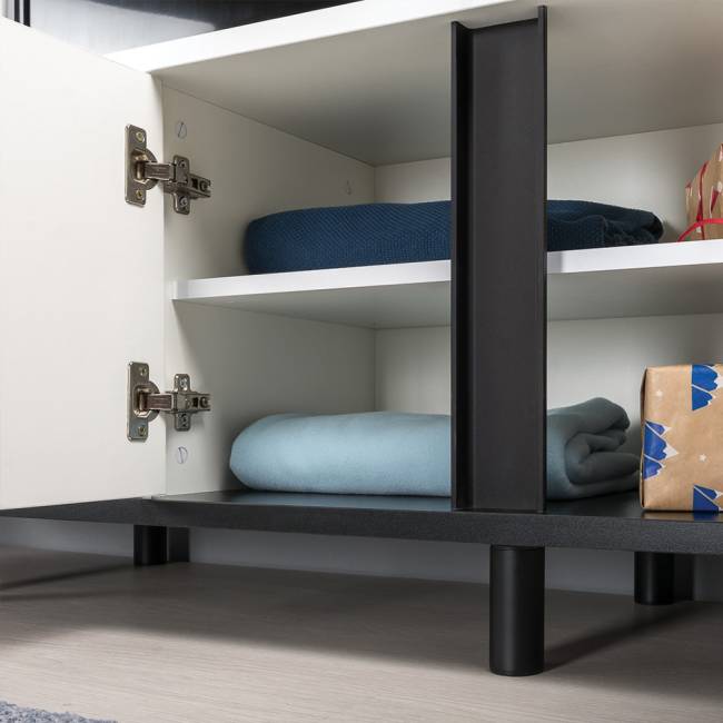 Прикроватная тумба Муссон с кроватью 11.41 с основанием 1600 и TV-тумбой 13.276 цвет белый/чёрный/дуб эндгрейн элегантный