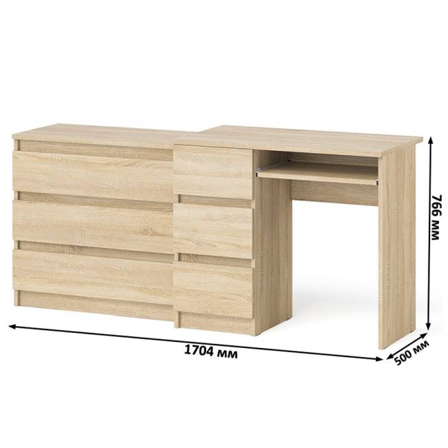 Стол компьютерный с тумбой МС-6 левый с комодом на три ящика МК800 Мори цвет дуб сонома