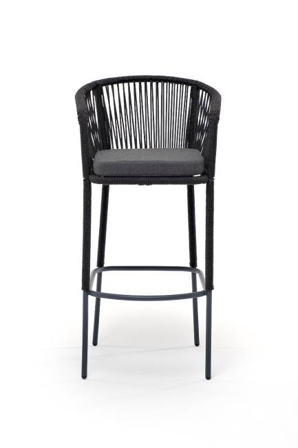 "Марсель" стул барный плетеный из роупа, каркас из стали темно-серый (RAL7024) муар, роуп темно-серый круглый, ткань темно-серая 027