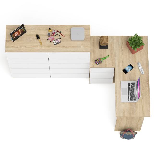 Компьютерный стол угловой МС-16 с тумбой слева с высоким комодом 10-ть ящиков Мори цвет дуб сонома/белый