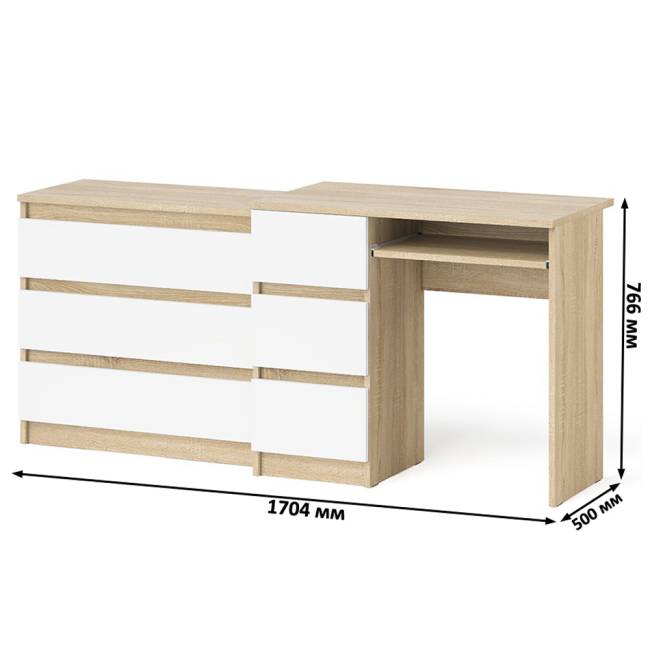 Стол компьютерный с тумбой МС-6 левый с комодом на три ящика МК800 Мори цвет дуб сонома/белый