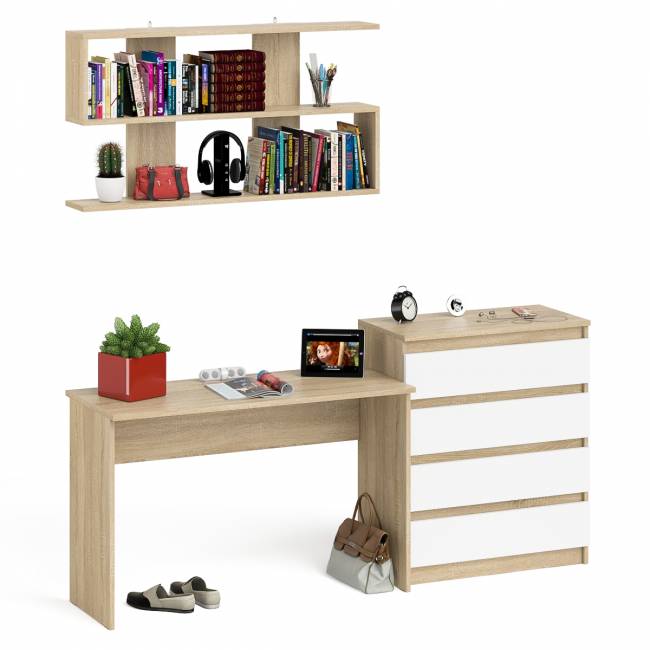 Комод Мори четыре ящика МК800.4 с письменным столом с навесной полкой на 1200 цвет дуб сонома/белый