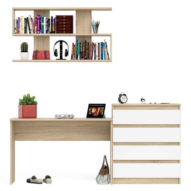 Комод Мори четыре ящика МК800.4 с письменным столом с навесной полкой на 1200 цвет дуб сонома/белый