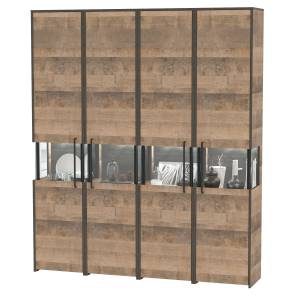 Трувор четыре шкаф-пенала с витриной и подсветкой в индустриальном стиле в гостиную цвет дуб гранж песочный/интра