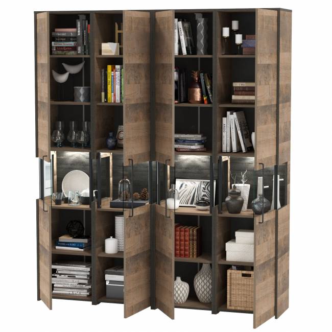 Трувор четыре шкаф-пенала с витриной и подсветкой в индустриальном стиле в гостиную цвет дуб гранж песочный/интра