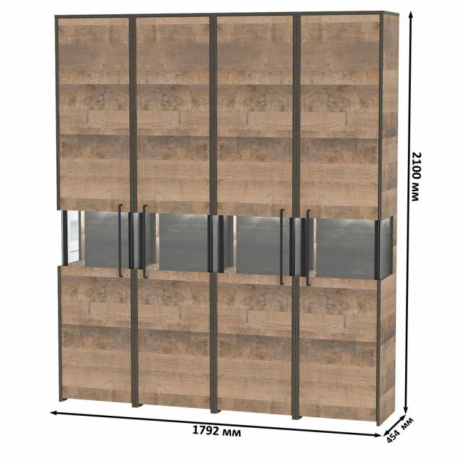 Трувор четыре шкаф-пенала с витриной и подсветкой в индустриальном стиле в гостиную цвет дуб гранж песочный/интра