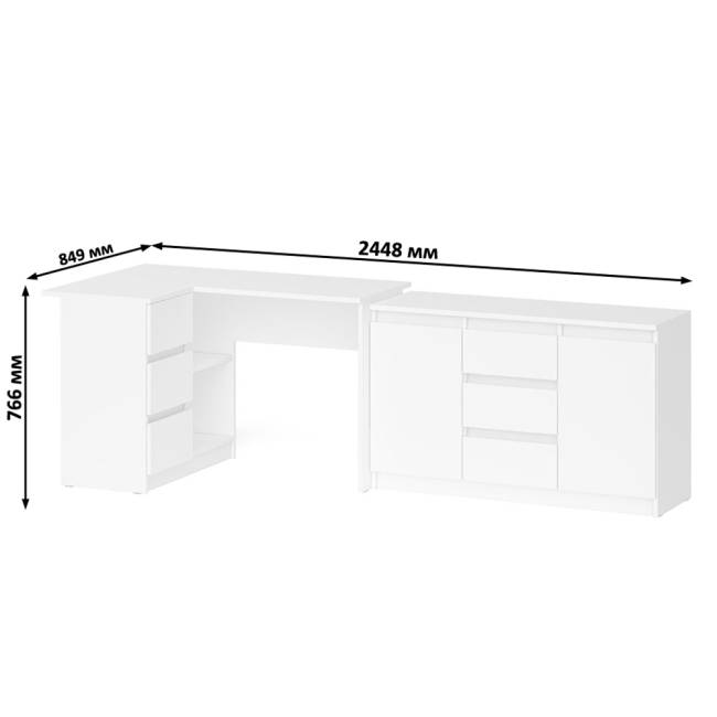 Тумба-комод ящики по середине и дверки по бокам Мори МК1200.3 и стол компьютерный МС-16 левый цвет белый