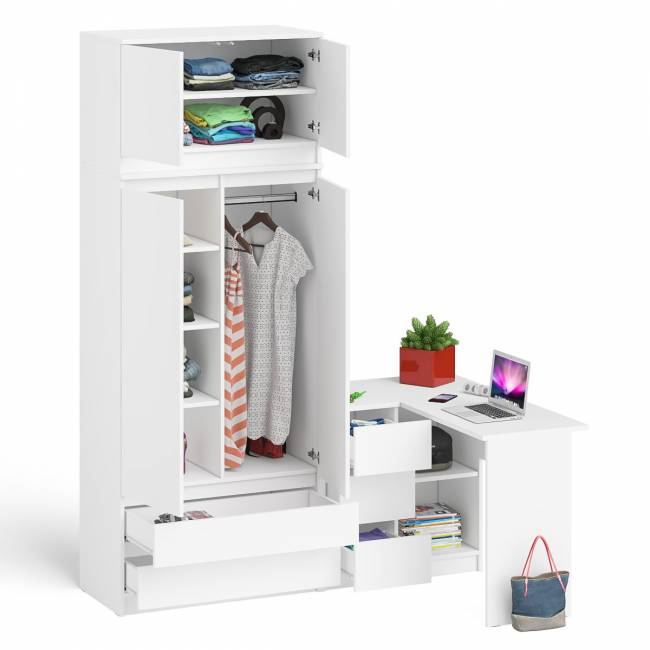 Компьютерный угловой стол - тумба слева со шкафом-комодом и антресолью Мори цвет белый
