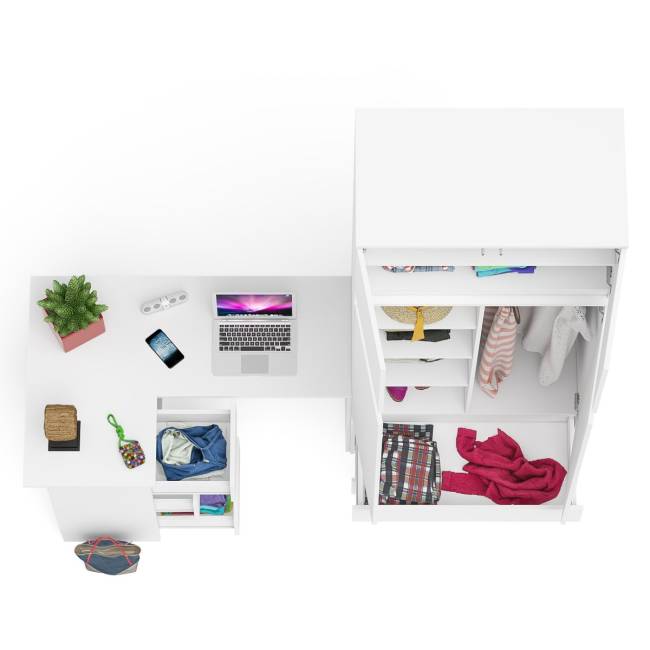 Компьютерный угловой стол - тумба слева со шкафом-комодом и антресолью Мори цвет белый
