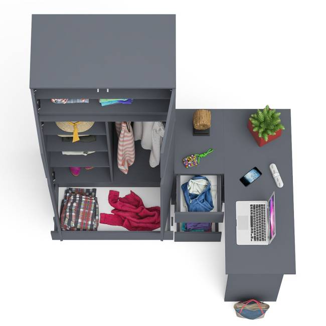 Компьютерный угловой стол - тумба слева со шкафом-комодом и антресолью Мори цвет графит