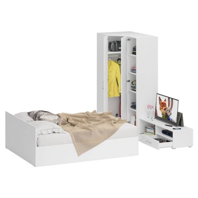 Мебель для спальни белая Стандарт № 4 с кроватью 1600 цвет белый/фасады ТВ тумбы МДФ белый глянец