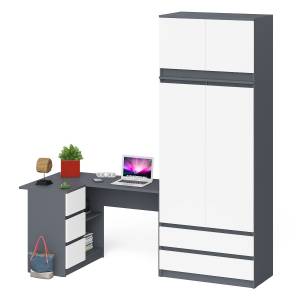 Компьютерный угловой стол - тумба слева со шкафом-комодом и антресолью Мори цвет графит/белый