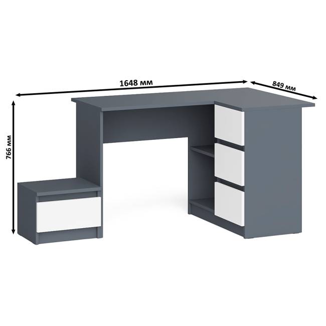 Угловой компьютерный стол Мори МС-16 правый с тумбой ТМП400 цвет графит/белый