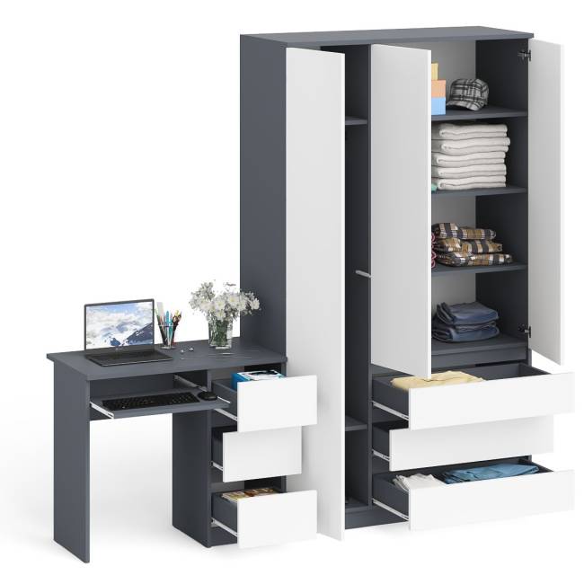 Стол компьютерный МС-6 правый и шкаф-комод с дверкой МШ-1200-1 Мори цвет графит/белый