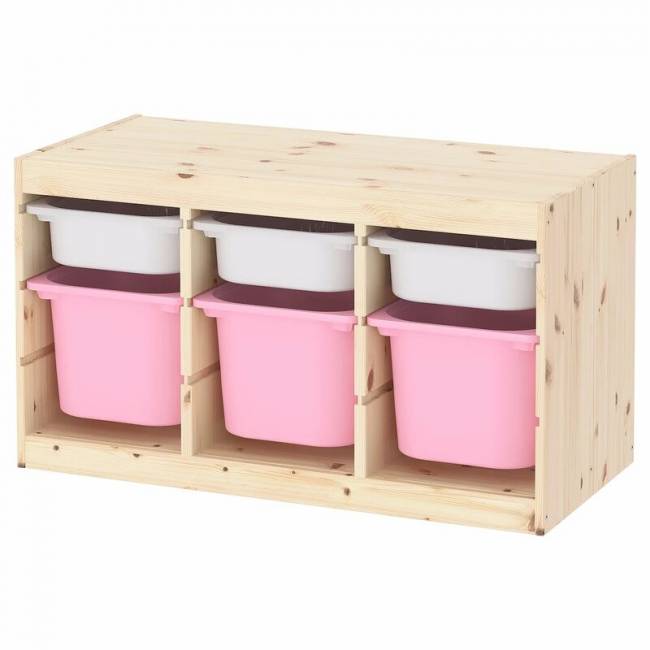 Комбинация для хранения+контейнеры TROFAST ТРУФАСТ сосна/белый/розовый 930х440х520 (3М/3Б)