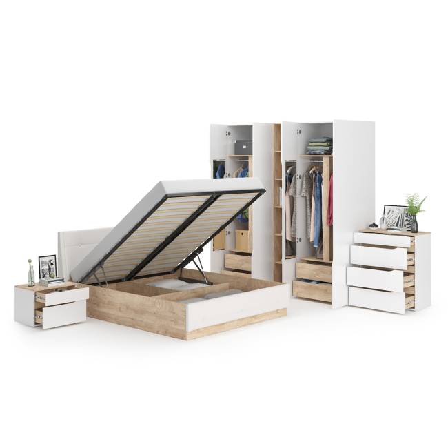 Мебель в спальню Муссон № 5 цвет белый/дуб эндгрейн элегантный/искусственная кожа белая, кровать с подъёмным механизмом 1600