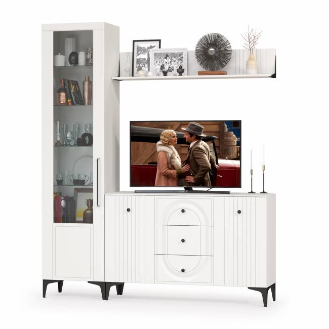 Комод-тумба под ТВ с полкой и пенал со стеклом Валенсия цвет белый шагрень