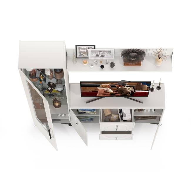 Комод-тумба под ТВ с полкой и пенал со стеклом Валенсия цвет белый шагрень