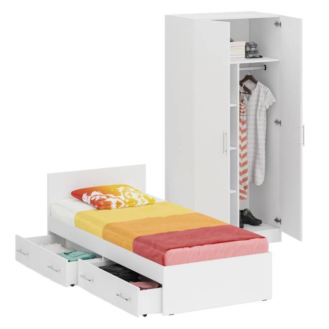 Односпальная Кровать белая с ящиками 900 со шкафом для одежды 2-х створчатым Стандарт цвет белый