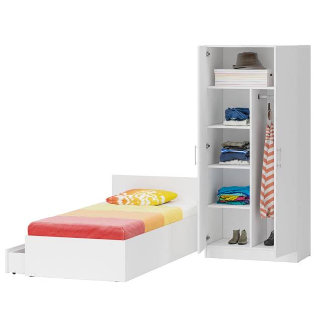 Односпальная Кровать белая с ящиками 900 со шкафом для одежды 2-х створчатым Стандарт цвет белый
