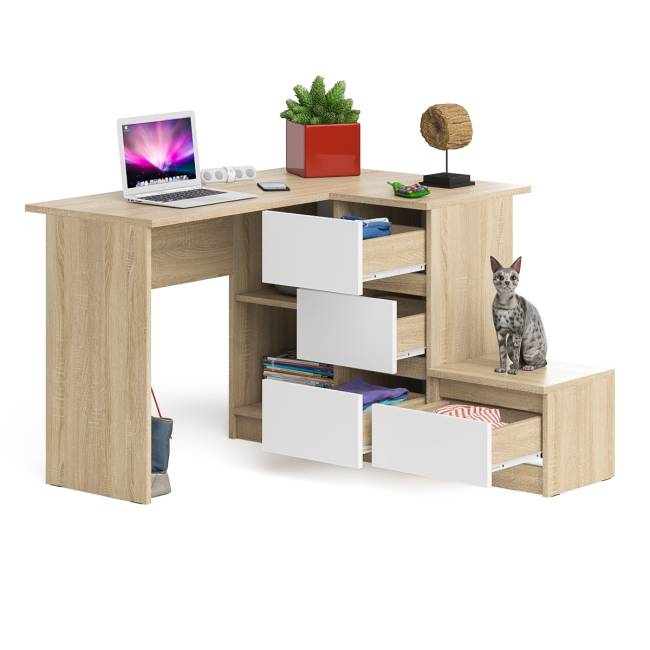 Угловой компьютерный стол Мори МС-16 правый с тумбой ТМП400 цвет дуб сонома/белый
