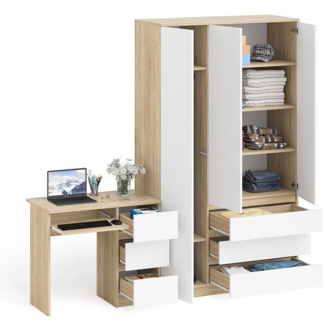 Стол компьютерный МС-6 правый и шкаф-комод с дверкой МШ-1200-1 Мори цвет дуб сонома/белый