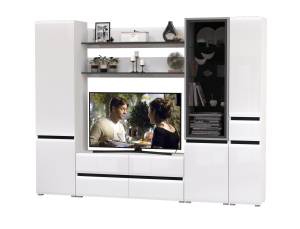 Модульная стенка для гостиной Сидней комплектация № 61 цвет белый/чёрный/МДФ белый глянец