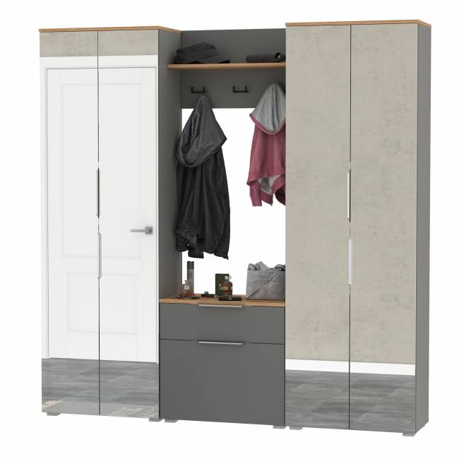 Два шкафа для одежды с зеркалами и обувницей с вешалкой с полкой Октава цвет серый графит/дуб крафт золотой