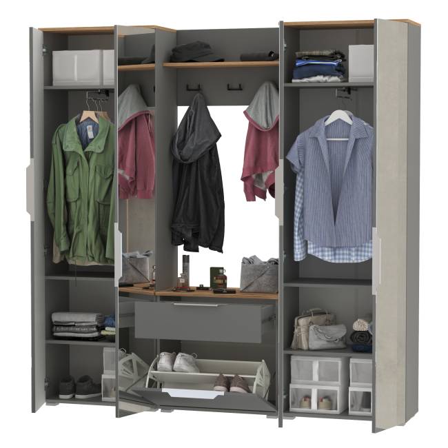 Два шкафа для одежды с зеркалами и обувницей с вешалкой с полкой Октава цвет серый графит/дуб крафт золотой