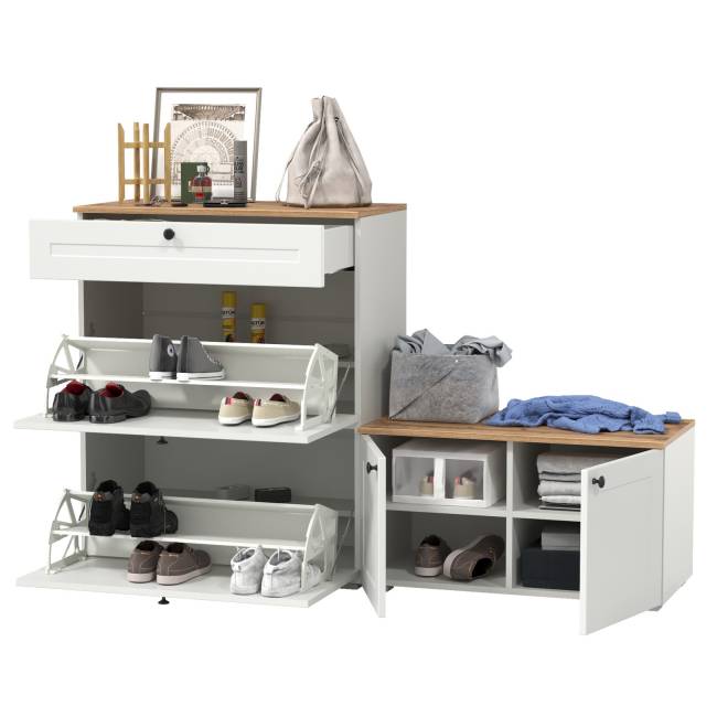 Тумба для обуви с тумбой две дверки Остин цвет белый шагрень/дуб крафт золотой