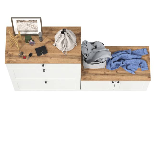 Тумба для обуви с тумбой две дверки Остин цвет белый шагрень/дуб крафт золотой