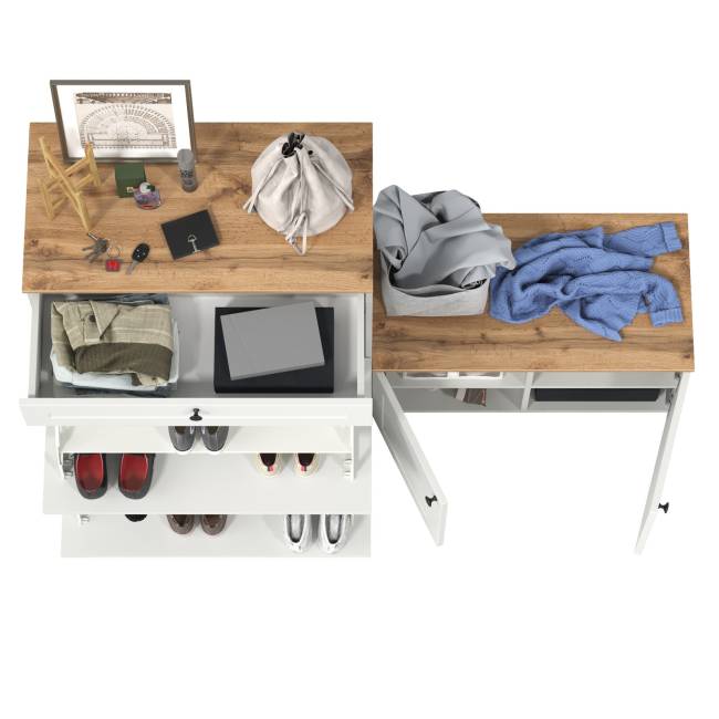 Тумба для обуви с тумбой две дверки Остин цвет белый шагрень/дуб крафт золотой