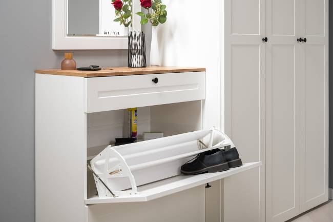 Тумба для обуви с тумбой две дверки Остин цвет белый шагрень/дуб крафт золотой