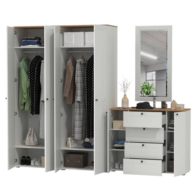 Два платяных шкафа Остин и комод с зеркалом цвет белый шагрень/дуб крафт золотой