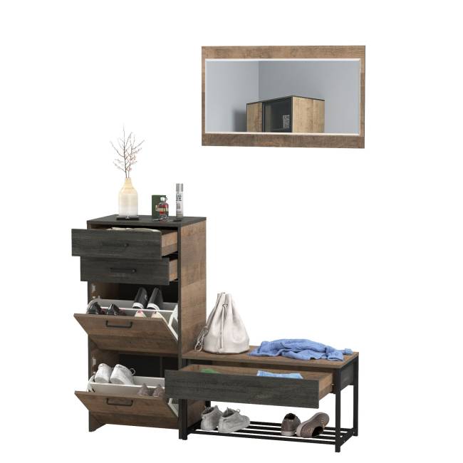 Тумба для обуви с ящиками и обувница с сиденьем с зеркалом Трувор цвет дуб гранж песочный/интра