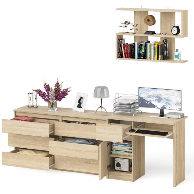 Компьютерный стол МС-1 левый с широким комодом МК1380-6 и полкой Мори 900 цвет дуб сонома