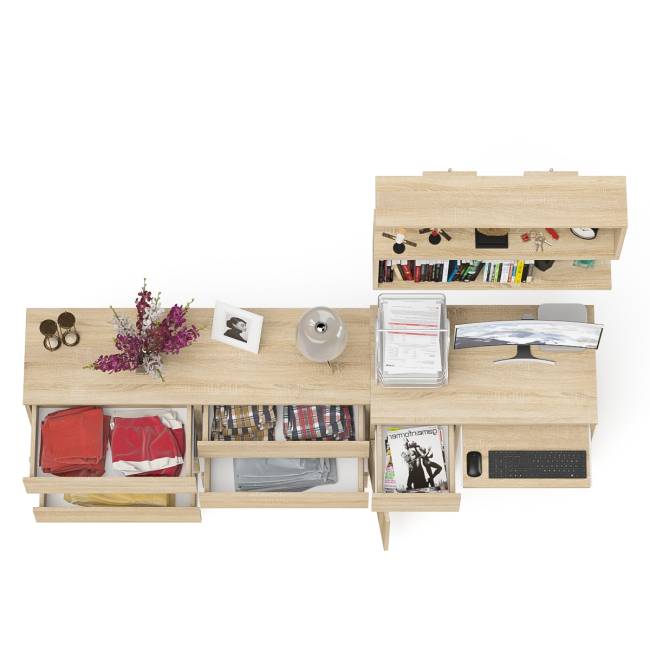 Компьютерный стол МС-1 левый с широким комодом МК1380-6 и полкой Мори 900 цвет дуб сонома