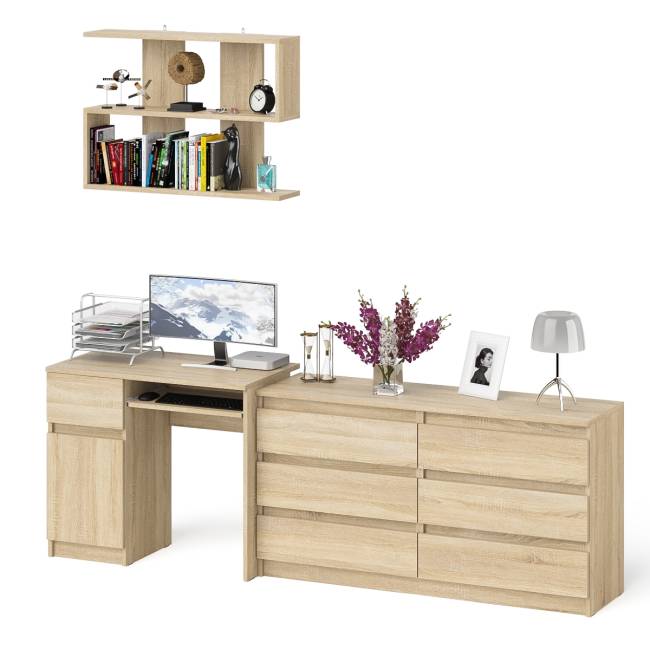 Компьютерный стол МС-1 левый с широким комодом МК1380-6 и полкой Мори 900 цвет дуб сонома