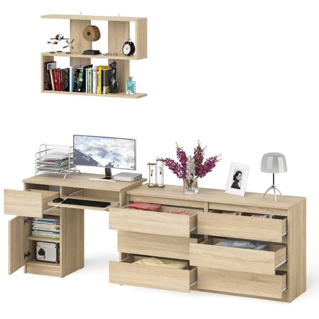 Компьютерный стол МС-1 левый с широким комодом МК1380-6 и полкой Мори 900 цвет дуб сонома