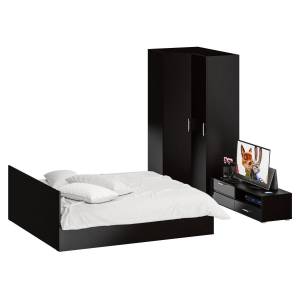 Мебель для спальни Стандарт № 4 с кроватью 1800 цвет венге/фасады ТВ тумбы МДФ чёрный глянец