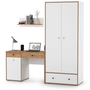 Письменный стол с полкой и шкафом Вуди цвет белый премиум/дуб крафт золотой
