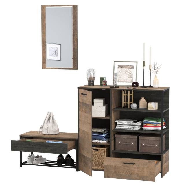 Комод с нишами и ящиком с обувницей с сиденьем и зеркалом Трувор цвет дуб гранж песочный/интра