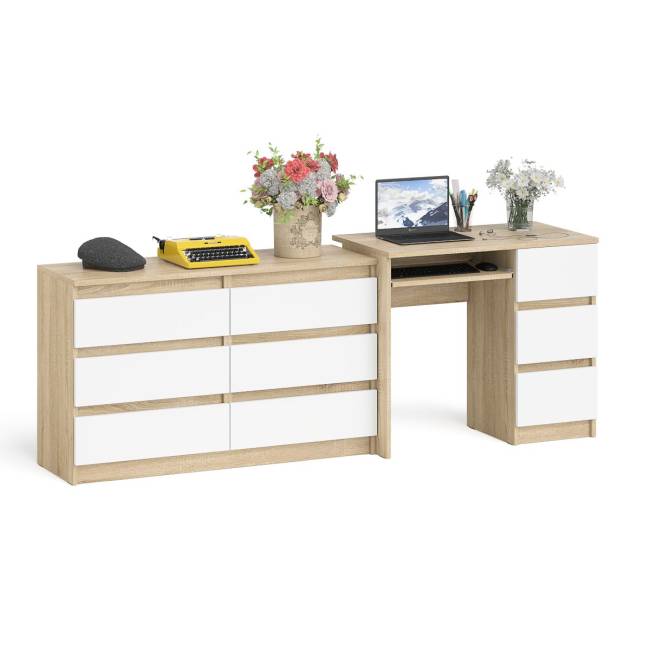 Комод Мори МК-1200 6 ящиков и компьютерный стол МС-6 три ящика справа цвет дуб сонома/белый