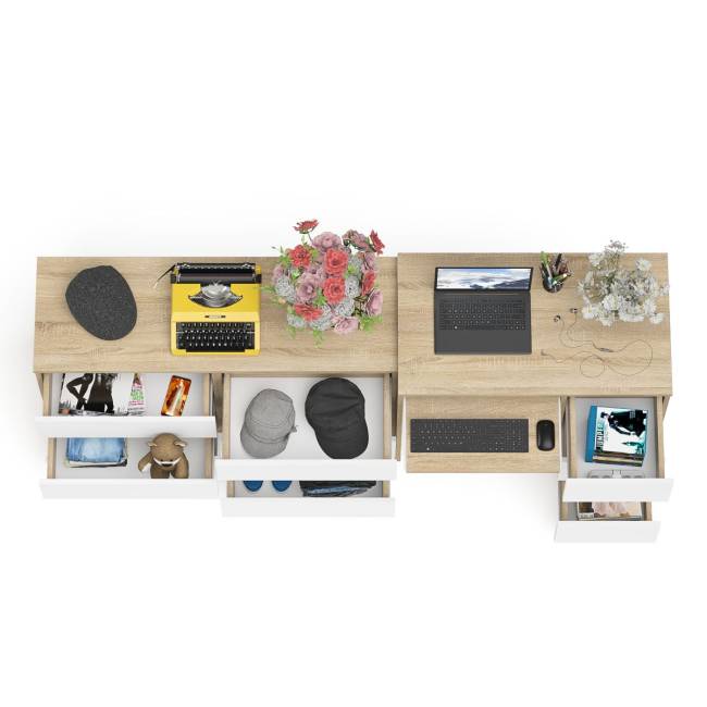 Комод Мори МК-1200 6 ящиков и компьютерный стол МС-6 три ящика справа цвет дуб сонома/белый